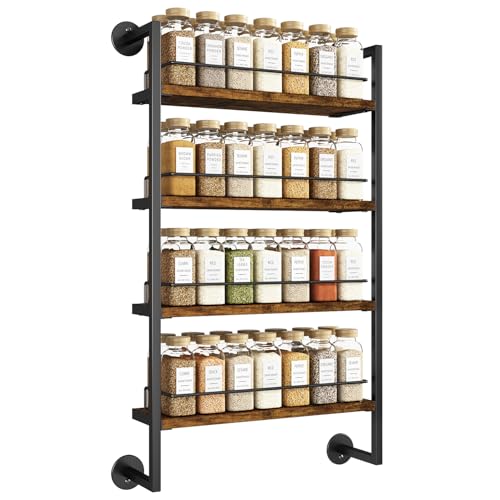 IBUYKE 4 Tier Spice Rack Wall Mount for Kitchen,Brown TLJ016H | Hanging Seasoning Organizer Large Spice Rack for Wall Spice Organization for Kitchen Cabinet Bathroom Pantry Living Room - color: Rustic Brown, size: 4 Tier