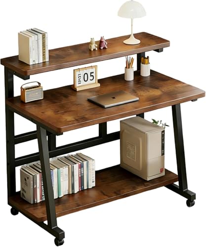 47.2 Inch Rolling Computer Desk for Small Spaces, Monitor Stand & 3-Tier Storage with Lockable Wheels, Easy Assembly for Bedroom, Dorm & Apartment - color: Color: Frame：black/Board：rustic Brown, size: 47.2“*19.7”
