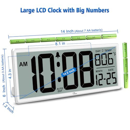14.5'' Large Digital Wall Clock Battery Operated | Jumbo Numbers, Temperature and Date, Easy to Read and Set, Auto DST, Large Display for Garage, Office, Classroom - color: White