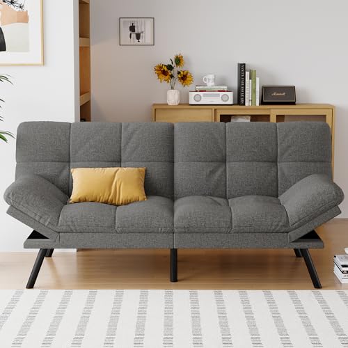 Futon Sofa Bed Convertible Couch, Grey Linen Sofa Bed | Adjustable Backrest & Armrests, Multifunctional Small Loveseat Sleeper Sofa for Living Room, Apartment, Office, Foam Couch - color: A2 | Light Grey