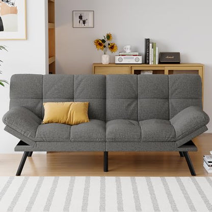 Futon Sofa Bed Convertible Couch, Grey Linen Sofa Bed | Adjustable Backrest & Armrests, Multifunctional Small Loveseat Sleeper Sofa for Living Room, Apartment, Office, Foam Couch - color: A2 | Light Grey
