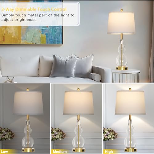 Rinweey 27.5" Clear Glass Table Lamp Set of 2,3-Way Dimmable Touch Control Bedside Lamps with USB Ports and AC Outlet, Modern Nightstand Lamps Gold lamp for Bedroom Living Room - color: Clear