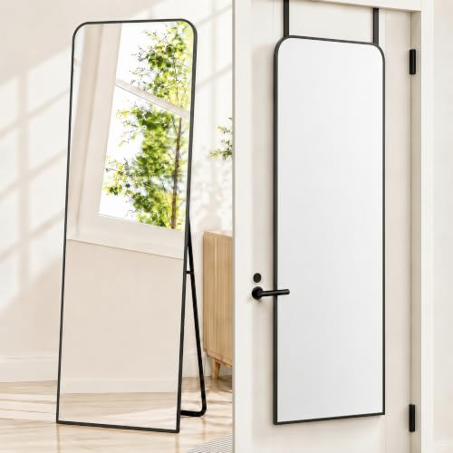 57x20" Full Length Mirror Floor Stand,Over the Door,Wall Mounted Black | HD Crystal Clear Tempered Glass,Aluminum Frame,Full Body Dressing Make-Up Mirrors Rect Hang for Bedroom,Bathroom,Living Room - color: Black, size: 57"L x 20"W