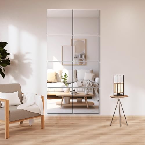 Glass Mirror Tiles, 12'' x 12'', 8 PCS | Square Large Wall Mirror, For Home Gym, Bedroom, Door, Bathroom, Frameless Mirror Sets - size: 12" x 12" (8 PCS)