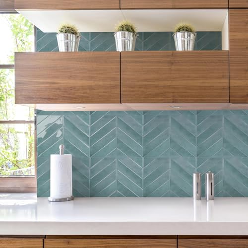 STICKGOO Herringbone Peel and Stick Backsplash, Blue Teal, 10 Sheets | 12.6 x 9.7 in, Thicker Rectangular Vinyl Stick-On Wall Tiles, Easy Alignment, Waterproof, Easy to Clean, Kitchen/Bathroom - color: Blue Teal, size: Pack of 10