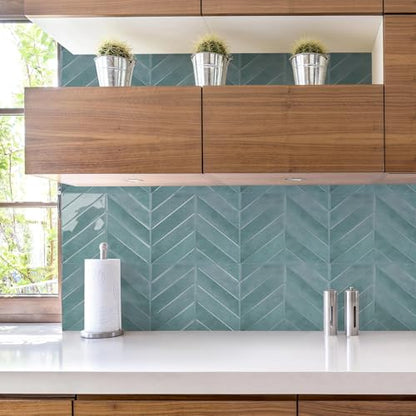 STICKGOO Herringbone Peel and Stick Backsplash, Blue Teal, 10 Sheets | 12.6 x 9.7 in, Thicker Rectangular Vinyl Stick-On Wall Tiles, Easy Alignment, Waterproof, Easy to Clean, Kitchen/Bathroom - color: Blue Teal, size: Pack of 10