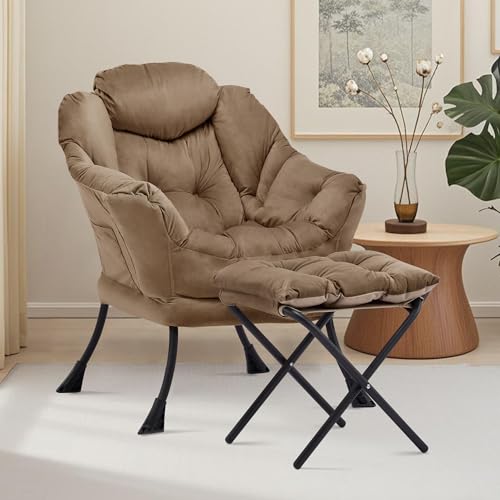 Lazy Chair with Ottoman, Comfy Reading Chair, Brown | Cushioned Seat with Foldable Ottoman and Side Pocket, Lounge Chair for Bedroom, Living Room, Dorm and Small Spaces - color: Brown
