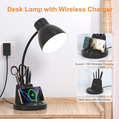 10W Wireless Charging LED Desk Lamp with Pen Holder, CRI 95, Black | 800LM, 3 Modes, 360°Flexible Arm, Touch, Brightness, Table Lamp for Home Office, Dorm, Bedside, Study, Reading, with Adapter - color: Black