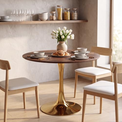 31.5" Round Tulip Dining Table, Circle Tulip Table with MDF Tabletop and Gold Metal Pedestal Base, Mid Century Modern Bistro Table for Kitchen, Dining Room, Cafe (Walnut and Gold) - color: Walnut and Gold