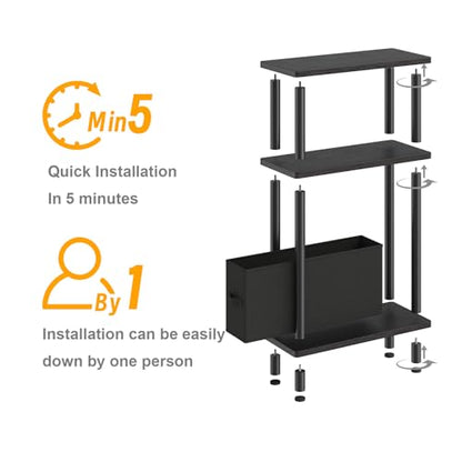Apicizon Narrow Side Table with Fabric Basket, 3-Tier End Table, Black | Sofa Side Table, Wood Storage Shelf, Slim Nightstand, Skinny Bedside Table for Narrow Spaces, Living Room, Bedroom - color: Black, style: Narrow Side Table with Basket