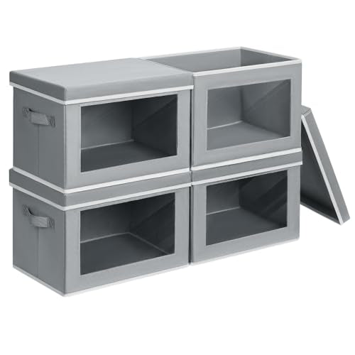 Large Storage Bins with Lids - Stackable Cube Bins for Closet, 4 Pack Clear Windows Fabric Organizer Bins, Home Organizers and Storage for Clothes, CD, Towels, Grey - color: Grey, size: XL(4-Pack)