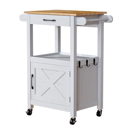 VINGLI Small Kitchen Island on Wheels, Microwave Cart with Drawer & Storage, Barn Door Coffee Station Stand with Hooks & Shelves, Unique White - size: 33"