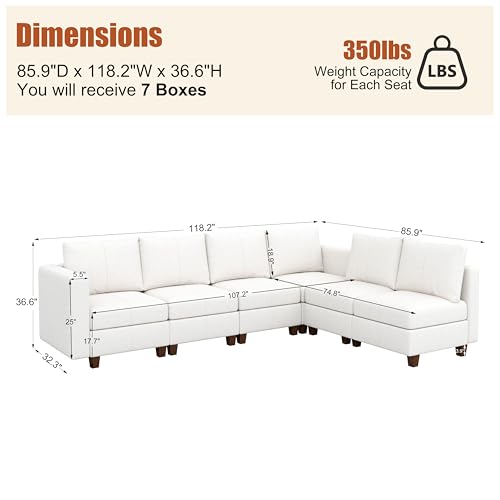 MINCETA Modular Sectional Sofa, Modern Comfy Sofa with Upholstered and Storage Ottoman for Living Room,Bedroom(White, 6 Seat L Shape) - color: White, size: 118.2"W*85.9"D