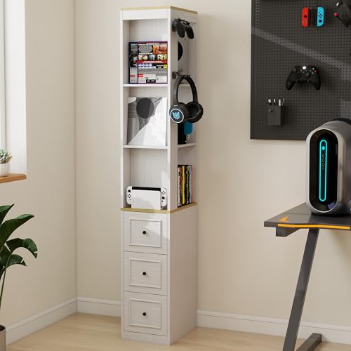 RASOO 73.03" CD Storage Tower, White Tall Narrow Bookcase Bathroom Storage Cabinet Media Tower Rack Multi-Functional Skinny Display Bookshelf with Drawers and Headphone Hook - size: RY0038