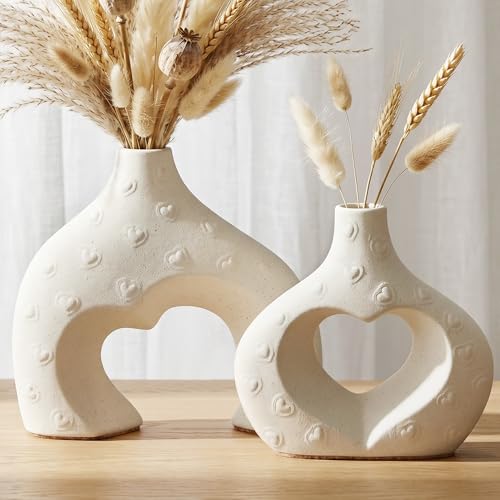 White Ceramic Flower Vases Table Decor Heart Shaped Vase Set of 2 | Nordic Heart Shaped Vases Minimalist Decorative Vase for Table Centerpiece Wedding Dining Living Room Office House Decoration - color: Large Cream White