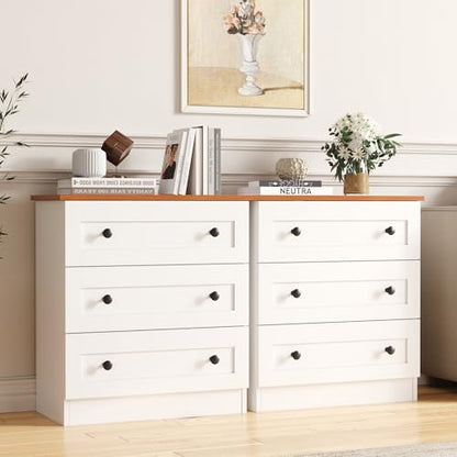 Furnify 3 Drawer Dresser Set of 2, Modern Chest of Drawers, White & Walnut | Farmhouse Wood Nightstand Bedside Cabinet End Table, Modern Closet Storage Organizer for Bedroom, Living Room - size: 11.8"D x 22.8"W x 25.2"H (6 Drawers)