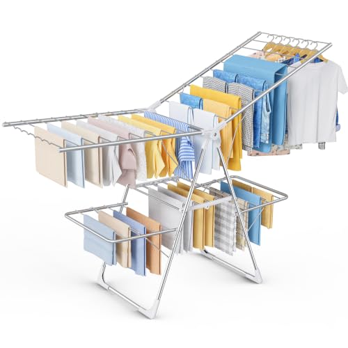 Sakugi Clothes Drying Rack, Foldable 2-Level with 70" Adjustable Wings | Laundry Room, Bedroom, Indoor & Outdoor Use, Height Adjustable, Clothing & Bedding, 70.0" L × 22.8" W, Silver and White - color: Silver and White, size: X-Large (70"L x 22.8"W x 36.6