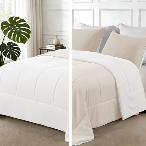 Exclusivo Mezcla Reversible Soft Twin Comforter Set, 2 Pieces | Brich Beige/ White Lightweight Microfiber Down Alternative Comforters, All-Season Bedding with 1 Pillow Sham - color: Brich Beige/ White, size: Twin(68''x88'')