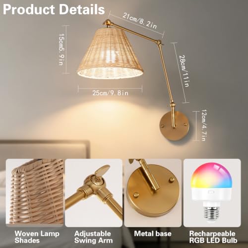 Rattan Battery Operated Wall Sconces Set of 2, Rechargeable Dimmable Wall Light with RGB Bulb and Remote, Adjustable Swing Arm Wall Light, Wireless Gold Bedside Light Fixture for Bedroom, Living Room - color: Gold