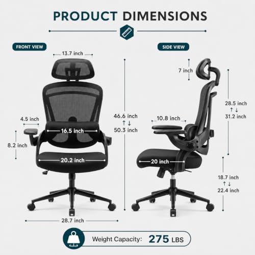 Ergonomic Office Chair, Home Office Desk Chairs with Adjustable Lumbar Support and Headrest, High Back Mesh Computer Desk Chair with 3D Flip-up Armrests & 360° Swivel Wheels, 275 LBS - color: Black With Lumbar Support