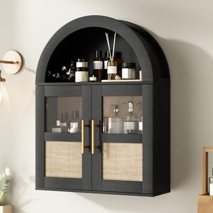 RUSTOWN Arched Bathroom Wall Cabinet with 2 Glass & Rattan Doors | Rattan Medicine Cabinet, Farmhouse Over the Toilet Storage Cabinet, Adjustable Shelves, 3-Tier Wall Mounted Cabinets - color: Rustic Black