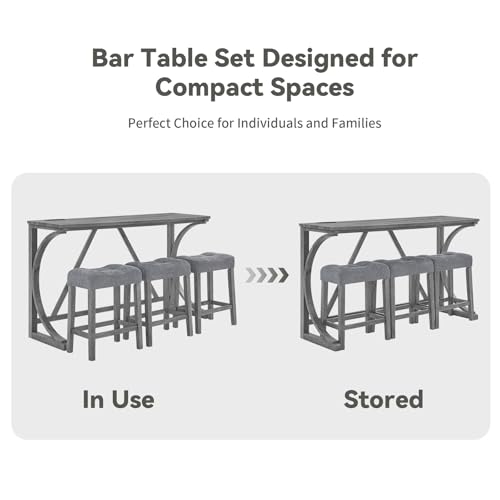 59" Dining Bar Table Set with Power Outlet, Behind Couch Sofa Table with 3 Padded Stools, 4 Piece Bar Table and Chairs Set for Living Room, Dining Room, Gray - color: O1-grey