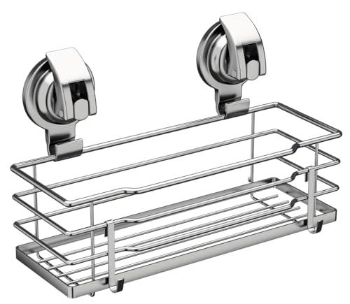 TESOT Suction Cup Shower Caddy, Shower Shelf Soap Dish with Hooks for Razor, Sponge, Rust Proof 304 Stainless Steel, Silver - color: Silver