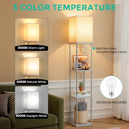 Floor Lamp with Shelves, 3-Tier Modern Square Bookshelf Standing Lamp Grey | 3 Color Temperature Bulb Included, Pull Chain Tall Lamp for Living Room Bedroom Corner Office Apartment Decor - color: Gray