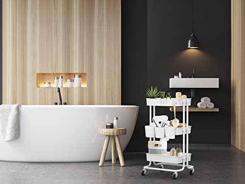 3-Tier Rolling Storage Organizer with 3 Small Baskets - Mobile Utility Cart with Caster Wheels (White)
