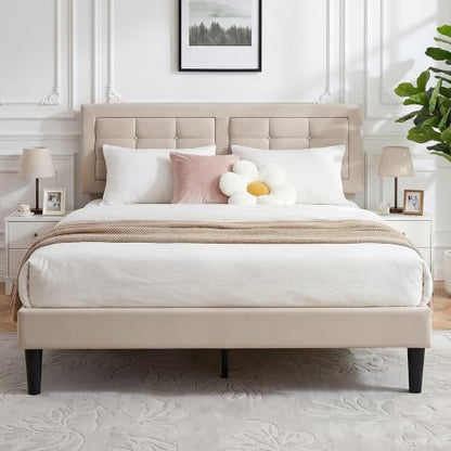 VECELO Full Size Bed Frame, Adjustable Upholstered Button Tufted Headboard, Heavy-Duty Bedframe with Wood Slats Support, No Box Spring Needed, Beige - color: Beige, size: Full, style: Bed Frame
