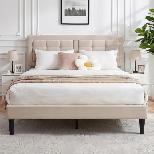 VECELO Full Size Bed Frame, Adjustable Upholstered Button Tufted Headboard, Heavy-Duty Bedframe with Wood Slats Support, No Box Spring Needed, Beige - color: Beige, size: Full, style: Bed Frame