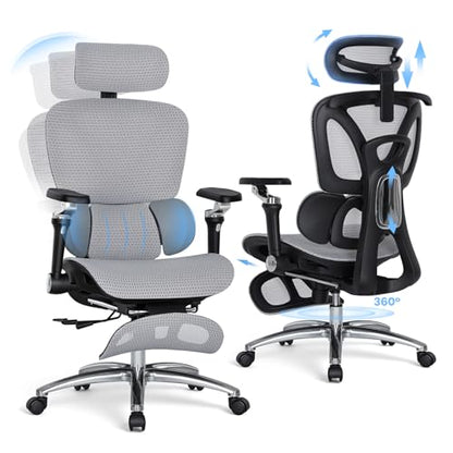 MALOL Ergonomic Office Chair, 400lbs High Back Mesh Desk Chair with 6D Armrests, 3D Headrest, Adjustable Lumbar Support, Seat Depth Adjustment, Tilt Lock, Metal Base & PU Wheels, Grey - color: Grey