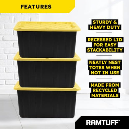 STRONG BOX Black & Yellow, 27-Gallon Heavy Duty Tough Storage Container & Snap-Tight Lid, (15.2" x 19.6" x 28.5" Weather-Resistant Design Stackable Organization Tote (2 Pack) - size: 2 pcs