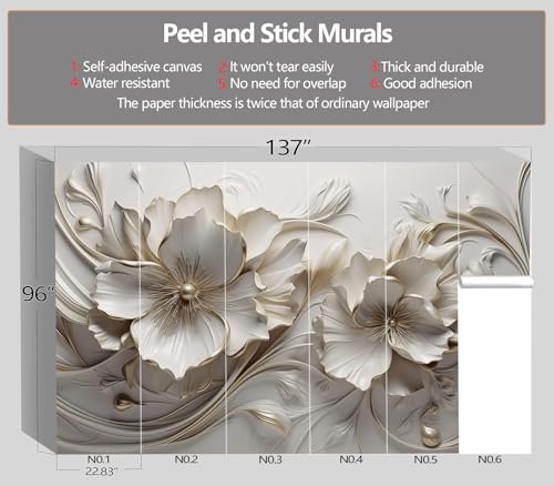 XMPMBM-Peel and Stick 3D Embossed Flowers Wallpaper Beige Floral wall Mural | Thick and tear-resistant,Will not be damaged during repositioning,Living Room Bathroom,Bedroom wallpaper.L-137"X96" - color: M11, size: 137"x96"