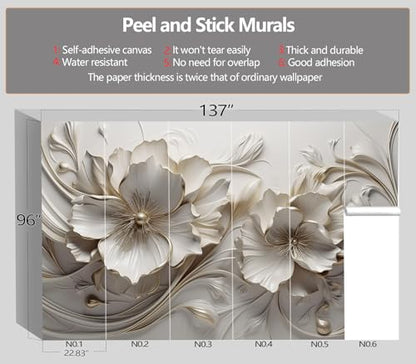 XMPMBM-Peel and Stick 3D Embossed Flowers Wallpaper Beige Floral wall Mural | Thick and tear-resistant,Will not be damaged during repositioning,Living Room Bathroom,Bedroom wallpaper.XL-157"X108" - color: M11, size: 157"x108"