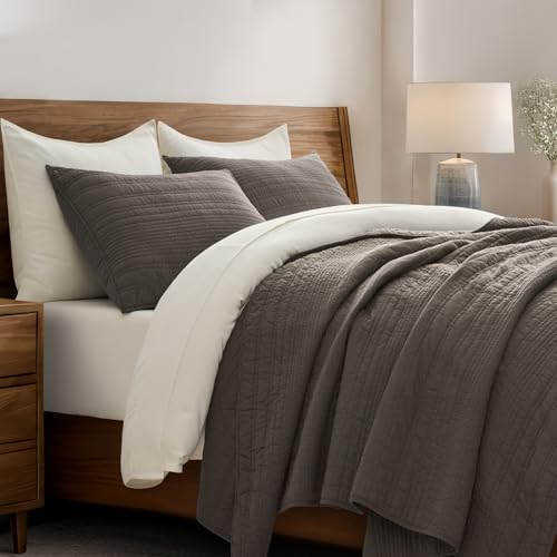 EVERGRACEHOME 100% Cotton Modern Lines Quilt Set Queen Size, Mushroom Brown | Pre-Washed Soft Cotton, Striped Coverlet Bedspread, 3 Piece Lightweight Bedding Set for All Season, with 2 Pillow Shams - color: Mushroom Brown, size: Full/Queen (92" X 92")