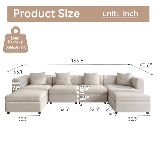 Miuuod 6 Seaters L/U Shape Oversized Sectional Sofa for Living Room,4 Seats with 2 Ottomans Extra Large Couch，Queen Sofa Bed,Deep Seat,Beige - color: Beige, style: 6 Seats（4 Seats with 2 Ottomans）