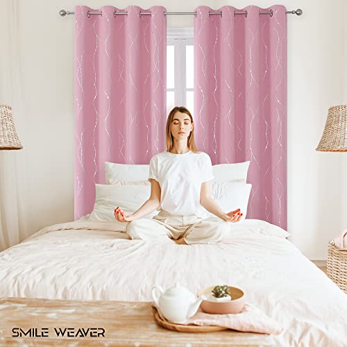 SMILE WEAVER Pink Blackout Curtains for Living Room 63 inch Length 2 Panels,Room Darkening Girls Bedroom Curtains,Silver Printed Design Soft Thick Thermal Insulated Grommet Window Drapes - color: Pink Silver, size: 52"W x 63"L (Pack of 2)