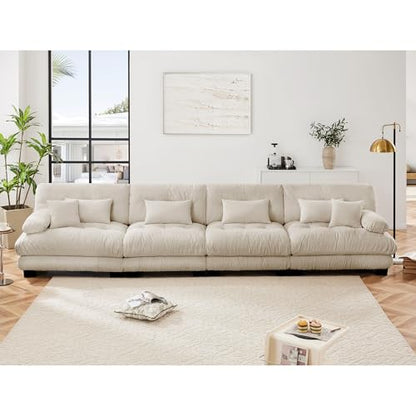 Modular Sectional Sofa for Living Room,173" Comfy Cloud Couch,4 Seater Beige Large Sectional Couches with Round Bolster Armrests,Fluffy Couch Set with Deep Seat - color: Chenille Beige, size: 4-Seat