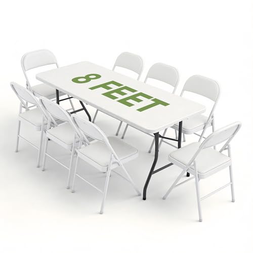 Folding Dining Table Set for 8, 8FT Foldable Plastic Table with Carrying Handle & 8 PU Leather Padded Folding Chairs, Portable Table and Chairs Set for Indoor Outdoor, Party, Wedding, Picnic, Camping - color: White, size: 8FT
