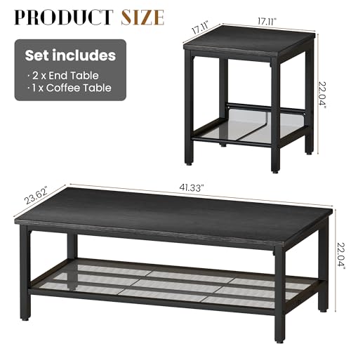 3 Pieces Living Room Table Set, Industrial Coffee Table with 2 Square End Side Tables, Coffee Table Set with Metal Frame for Apartment Home Office, Black - color: Black