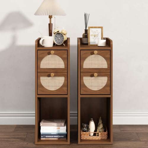 Narrow Nightstand Set of 2 (Rattan & Wood) - Small Bedside Table with 2 Drawers, Open Shelf, Mid Century Modern End Table - for Bedroom, Living Room & Small Spaces, Walnut - color: Walnut, size: 7.9"W (2 Pc)