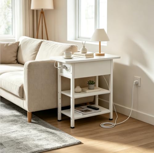 WLIVE 3-Tier End Table with Charging Station Flip Top Narrow Nightstand | 2 USB Ports+2 AC Outlets; Flip Top Hidden Storage; 2 Open Shelves; Small Space Living Room Bedroom; Sturdy Carbon Steel Frame - color: White