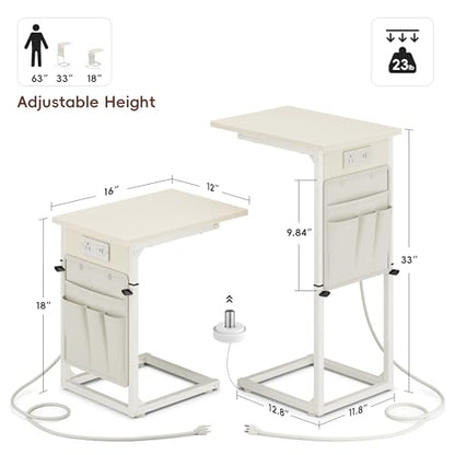 C Shaped End Table with Charging Station, Adjustable Height Side Table for Couch, Small Sofa Table C Table End Table, Slide Under Couch Table TV Tray Arm Table for Living Room, Bedroom, Cream - color: Cream White, style: With Plug