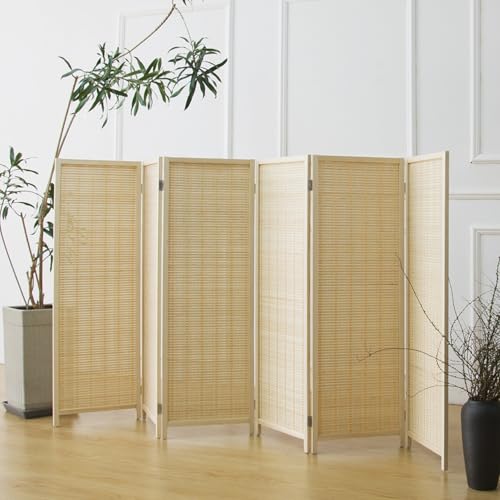 6 Panel Short Room Divider Screen,Beige Freestanding Partition,Small Bamboo Panel Divider for Room Seperation,3.95 FT Tall - color: Beige, size: 6 Panel