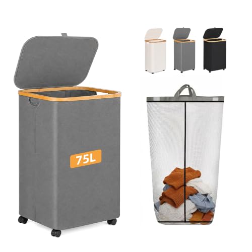 Laundry Hamper with Wheels and Lid 75L, Removable Inner Bag, Collapsible, Grey - color: Grey, size: 75L
