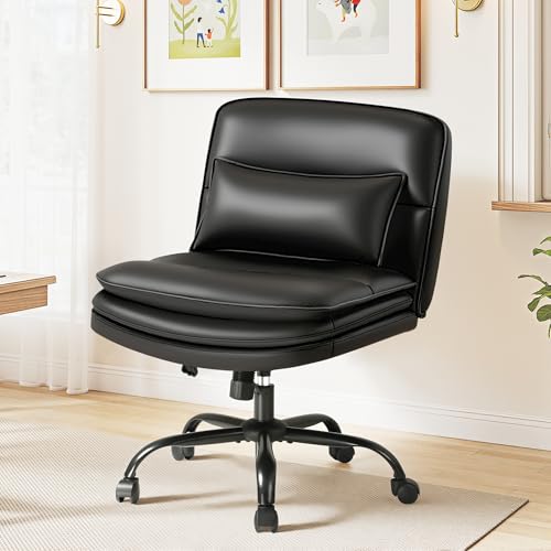Furmax Criss Cross Legged Office Chair with Wheels, Armless Extra Wide Seat Swivel Desk Chair, Adjustable Height Comfy Task Chair with Thick Cushion for Home Office Bedroom Vanity (PU Leather, Black) - color: Black