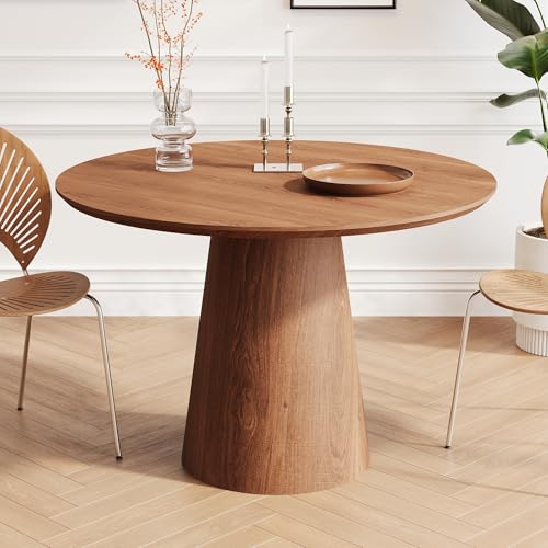 43" Round Dining Table Modern for 4, Natural Wood Grain Circle Kitchen Table with Cone Wood Pedestal Base, Mid Century Circular Dining Table for Living Room, Walnut - color: 43 Inch Walnut