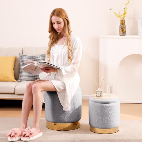 YYW HOME Round Ottoman with Storage Set of 2 Gray Sherpa Vanity Stool | Removable Lid, Gold and Gray Ottoman,Hidden Storage Stool, Small Coffee Table for Living Room,Nest Packing, Assembly Free - color: Teddy Gray