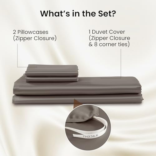 THXSILK Luxury Full Silk Duvet Cover Set 3 Pieces, Extra Soft, Breathable & Cooling Bedding Set, Machine Washable & Durable, 1 Duvet Cover & 2 Pillowcases with Zipper Closure(Charcoal) - color: Charcoal, size: Full (3 pcs)